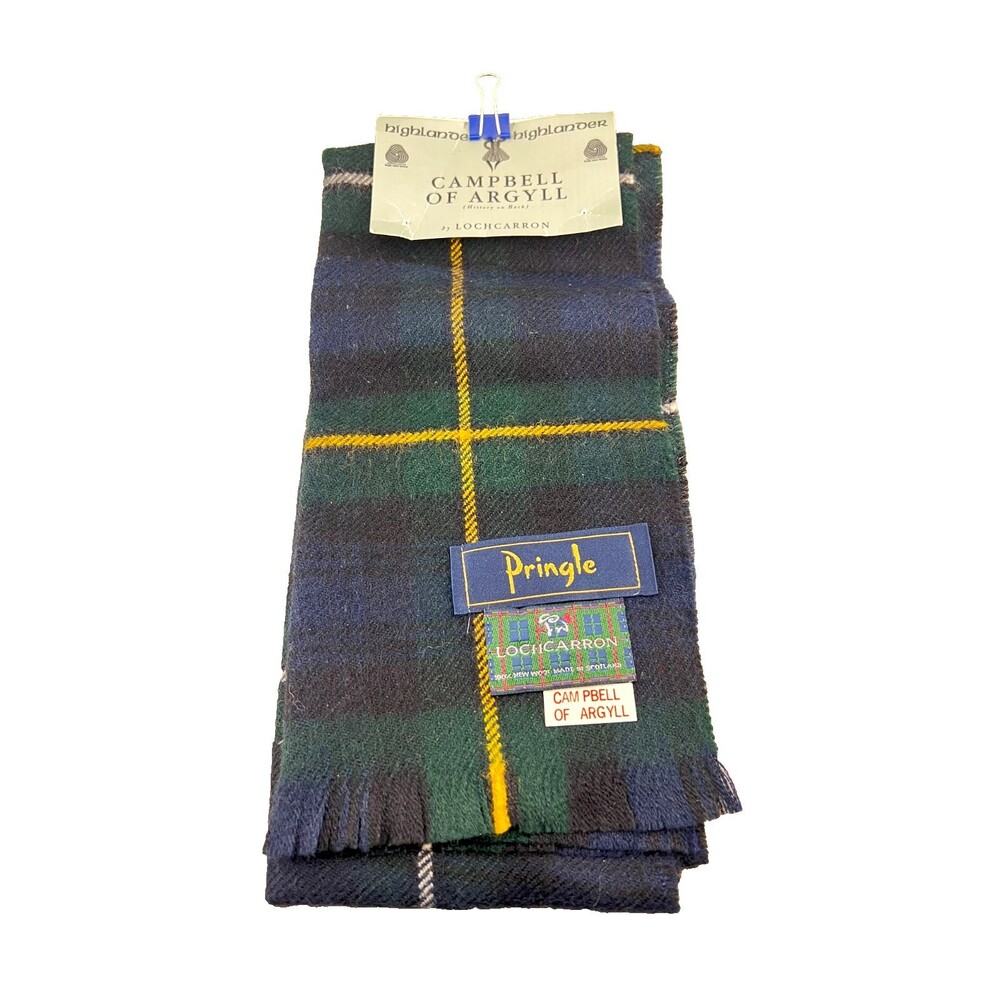Vtg Pringle Loch Carron Scottish New Wool Scarf Tartan Plaid Blue Green Campbell